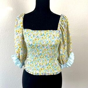 Allison NY Smocked Blouse Puff Sleeve Ditsy Floral Square Neck Sage Peasant Top